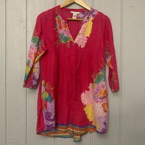 Sundance Bright Pink Floral Button Down Front Tunic Cotton size small